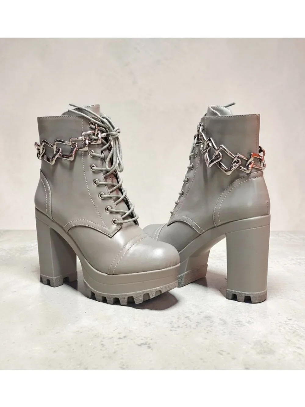 Chunky Platform Lace-Up Ankle Boots With Chain Detail In Light Olive Faux Leathe